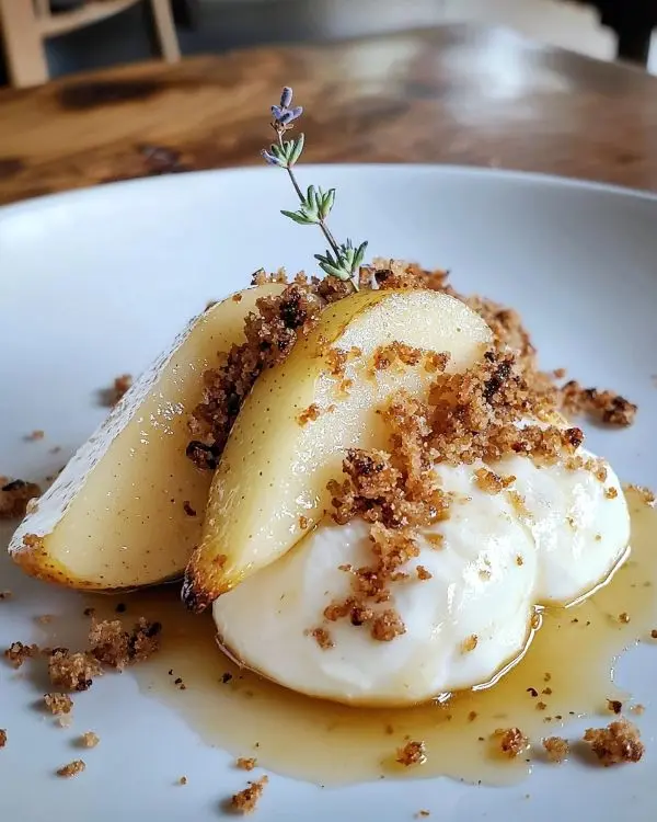 Burrata Crémeuse sur Poires Rôties au Miel de Lavande & Crumble Salé de Spéculoos