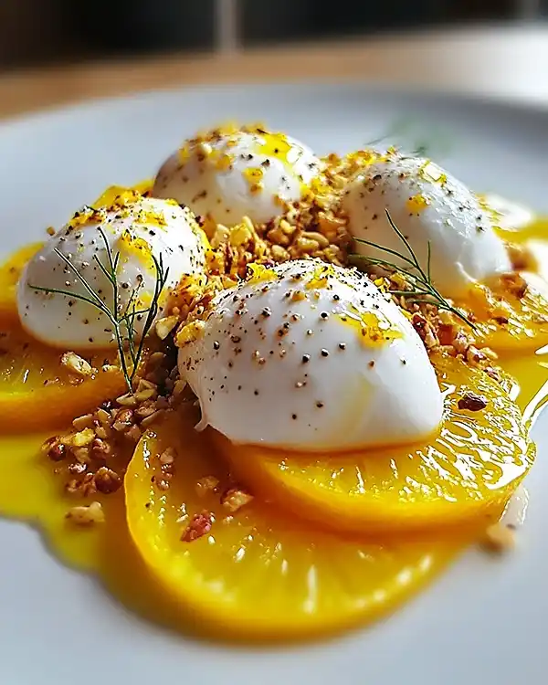 Burrata sur Carpaccio de Betterave Jaune avec vinaigrette agrumes et granola salé aux noisettes