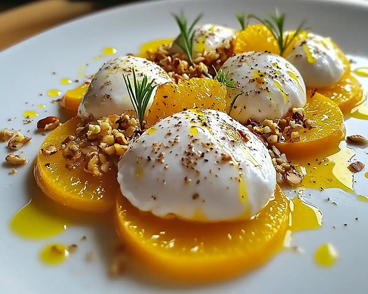 Burrata sur Carpaccio de Betterave Jaune
