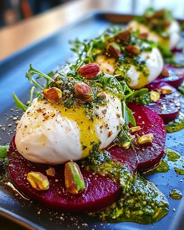 Burrata sur Carpaccio de Betterave 3 Burrata sur Carpaccio de Betterave, Vinaigrette à l’Orange Sanguine & Pesto Roquette-Pistache