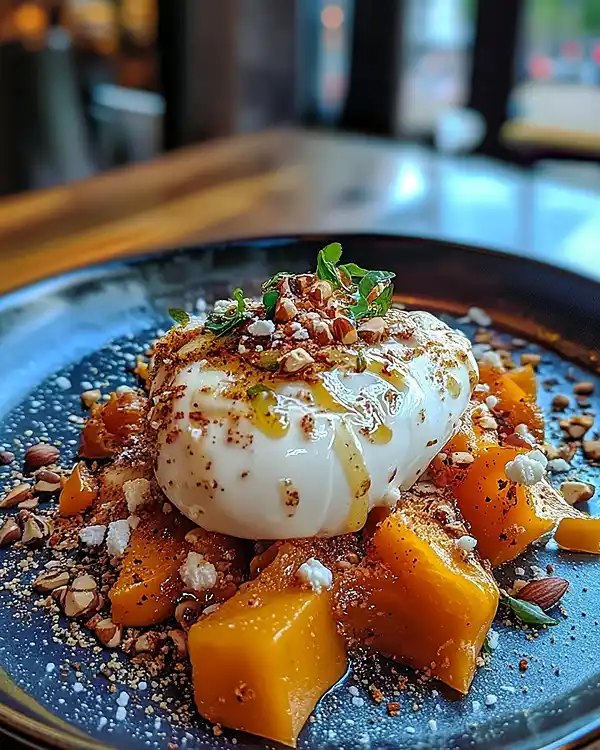 Burrata sur Courge Butternut Rôtie au Miel Pimenté 3 Burrata sur Courge Butternut Rôtie au miel pimenté & crumble de noisettes