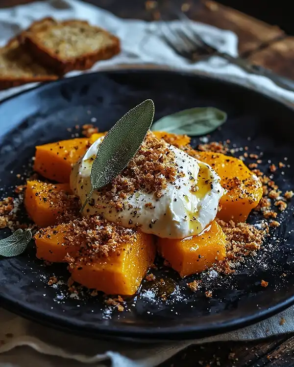 Burrata sur Courge Butternut Rôtie 5 Burrata sur Courge Butternut Rôtie, la Sauge, Sirop d’Érable, Crumble de Pain d’Épices Salé