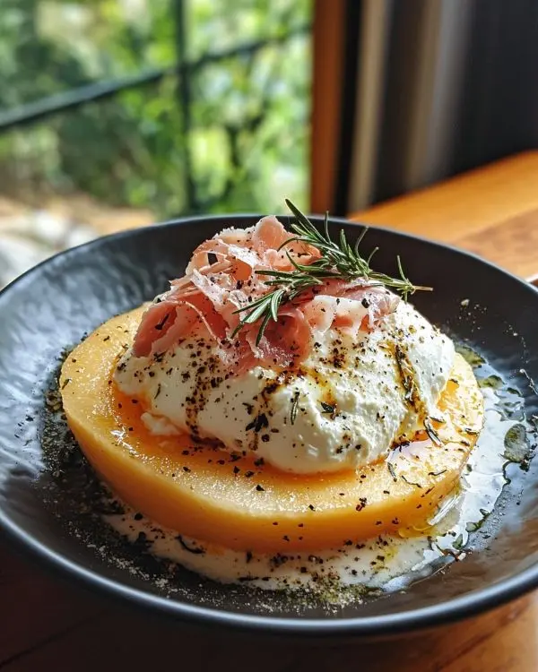 Burrata sur Melon Grillé au Romarin 5 Burrata sur Melon Grillé au Romarin & Copeaux de Jambon Cru