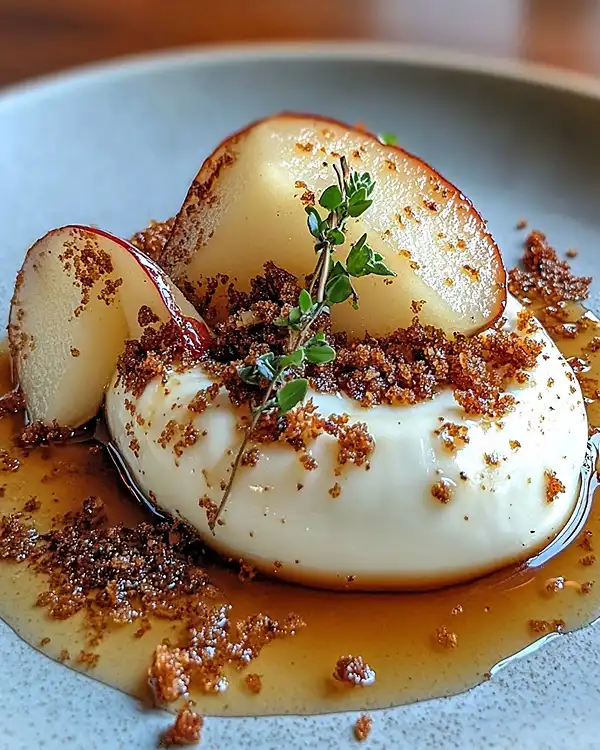 Burrata sur Poires Rôties au Sirop d'Érable & Crumble de Spéculoos Salé