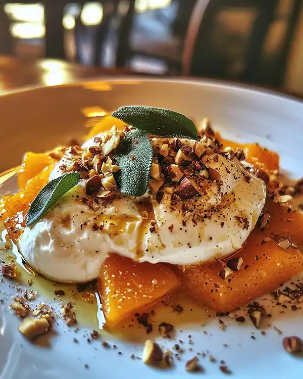 Burrata sur Potimarron Rôti à la Sauge, Crumble Salé aux Noisettes, Sirop d’Érable