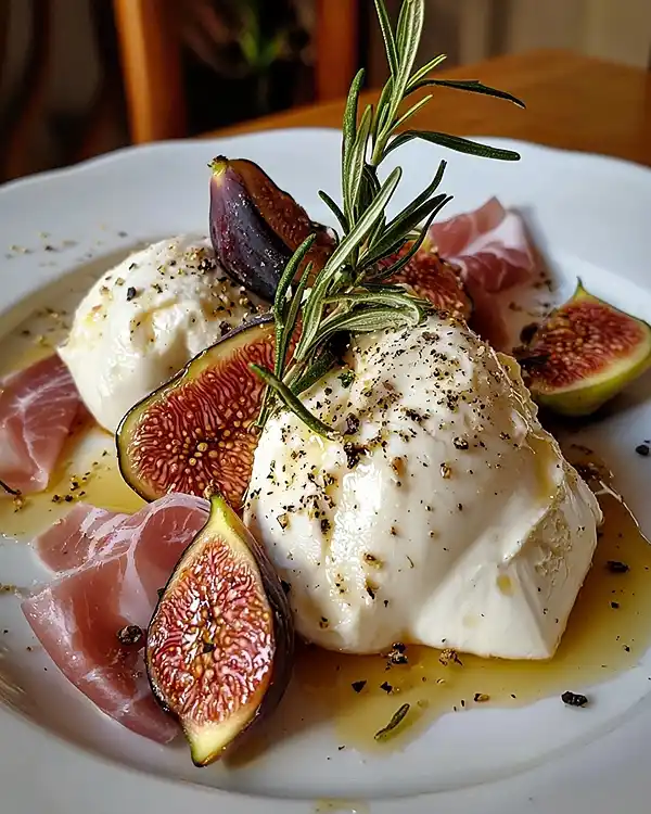 Burrata sur Figues Fraîches Rôties au Miel 4 Burrata sur figues fraîches rôties au miel, crumble de jambon cru et romarin