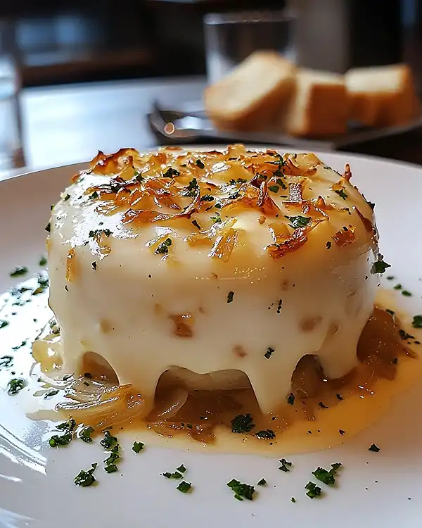 Île Flottante Salée au Comté sur Velouté d'Oignons Caramélisés