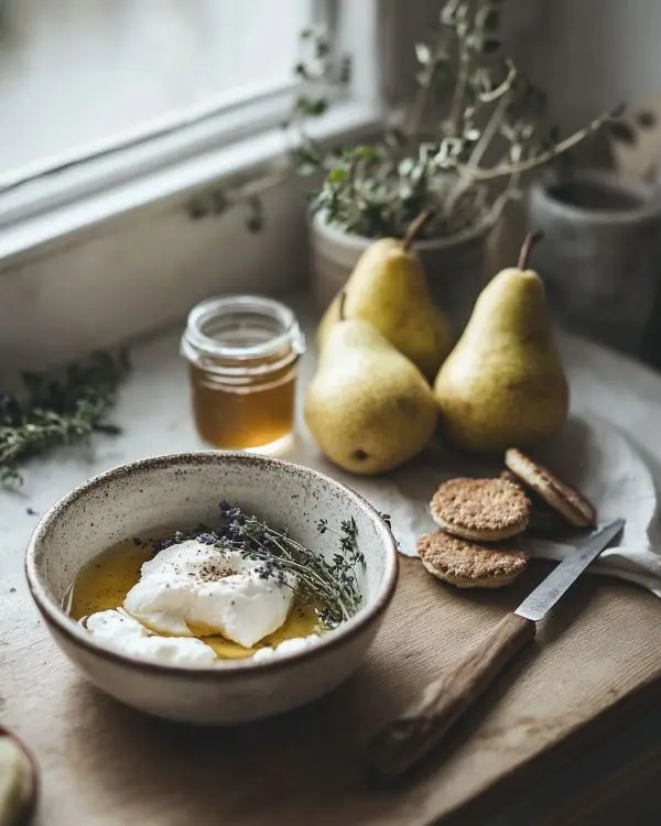 Les ingrédients pour Burrata Crémeuse sur Poires Rôties