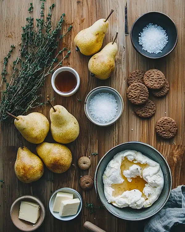 Les ingrédients pour Burrata sur Poires Rôties au Sirop d'Érable & Crumble de Spéculoos Salé