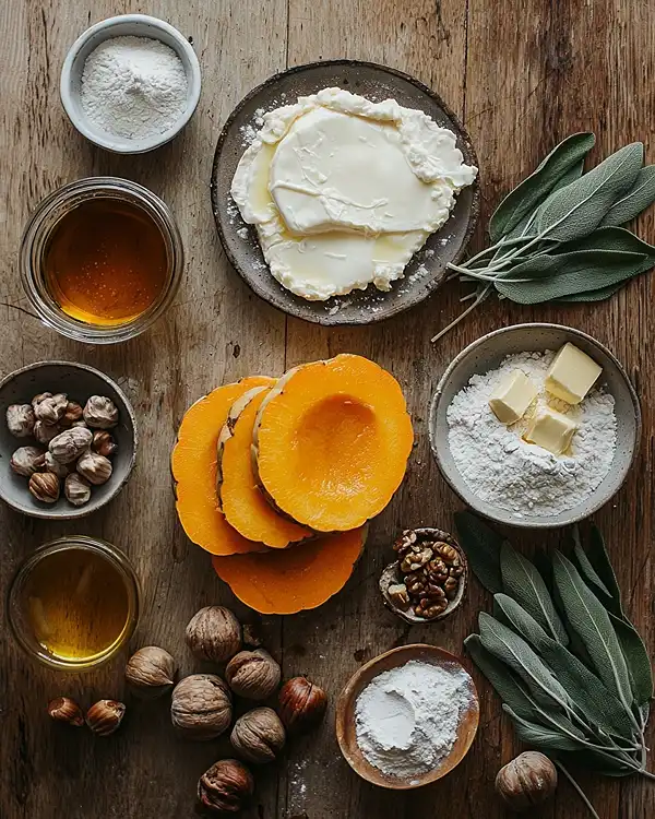 Les ingrédients pour Burrata sur Potimarron Rôti à la Sauge, Crumble Salé aux Noisettes, Sirop d’Érable