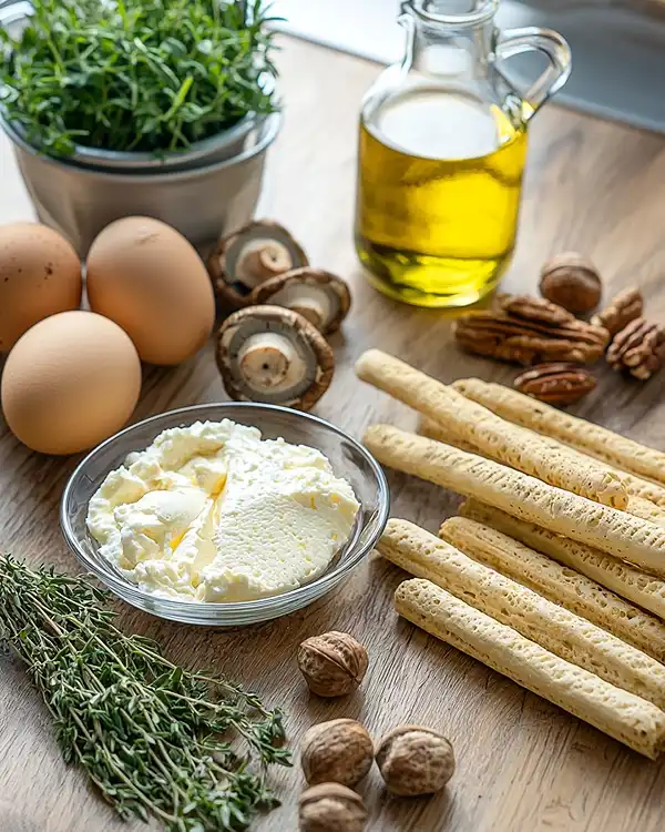 Les ingrédients pour Tiramisu Salé à la Crème de Parmesan avec Champignons des Bois et Pralin de Noisettes