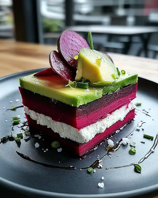 Mille-Feuille Salé de Betterave, Crème de Chèvre & Avocat