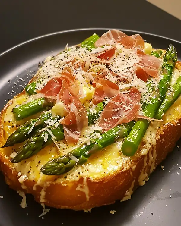Pain Perdu Salé au Parmesan 4 Pain Perdu Salé au Parmesan avec ses Asperges Vertes et Copeaux de Jambon Cru