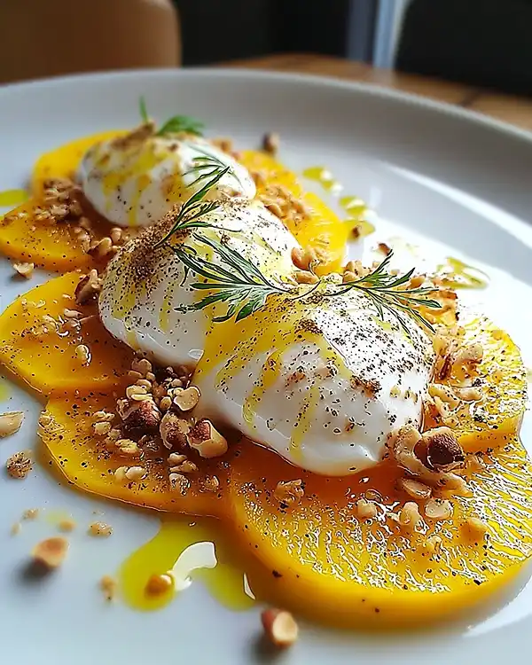 Recette Burrata sur Carpaccio de Betterave Jaune avec vinaigrette agrumes et granola salé aux noisettes