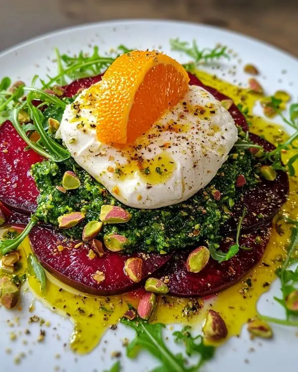 Burrata sur Carpaccio de Betterave 5 Recette Burrata sur Carpaccio de Betterave, Vinaigrette à l’Orange Sanguine & Pesto Roquette-Pistache