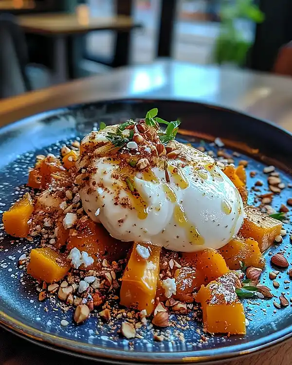 Burrata sur Courge Butternut Rôtie au Miel Pimenté 5 Recette Burrata sur Courge Butternut Rôtie au miel pimenté & crumble de noisettes