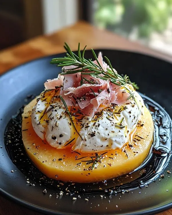 Burrata sur Melon Grillé au Romarin 3 Recette Burrata sur Melon Grillé au Romarin & Copeaux de Jambon Cru