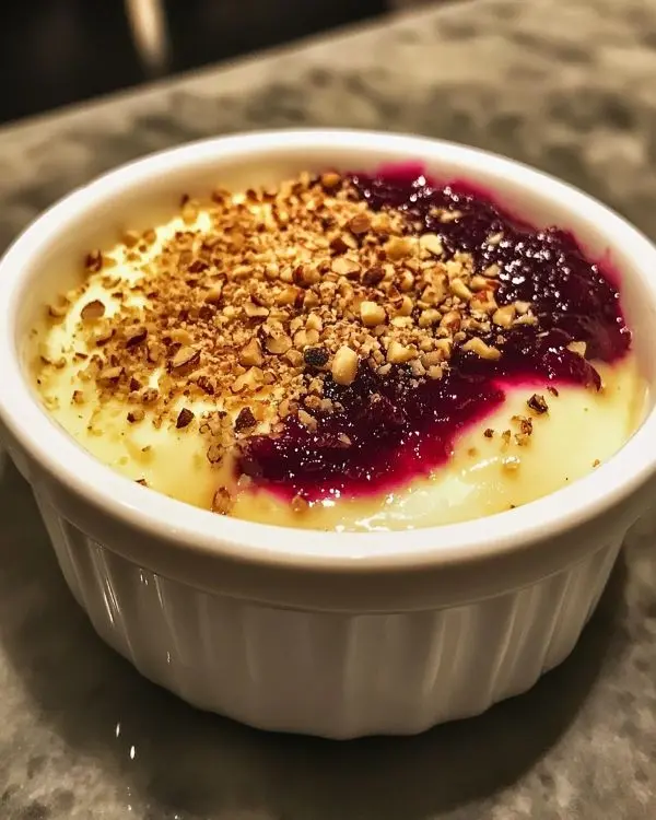Recette Crème Brûlée Salée au Chèvre Confit de Betterave et Éclats de Noisettes