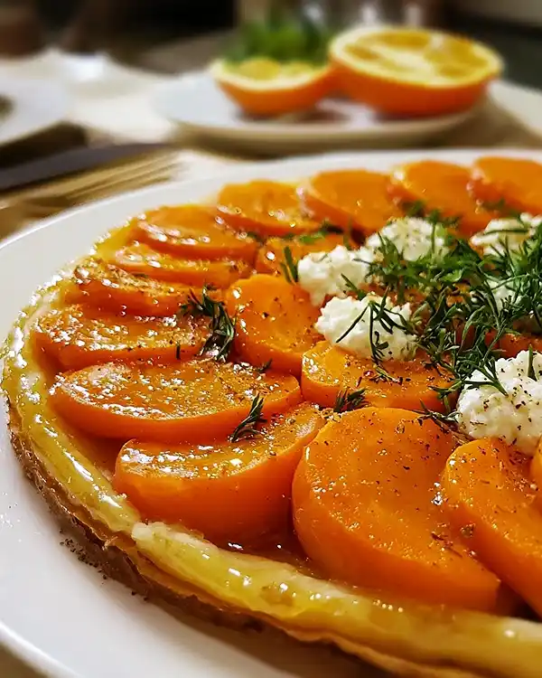 Recette Tarte Tatin de Carottes Glacées au Cumin, Semoule aux Agrumes & Chèvre Frais