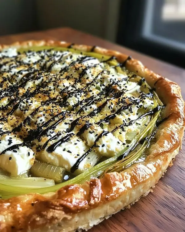 Tarte Tatin de Poireaux & Chèvre Frais au Miel de Thym, Crumble de Sésame Noir