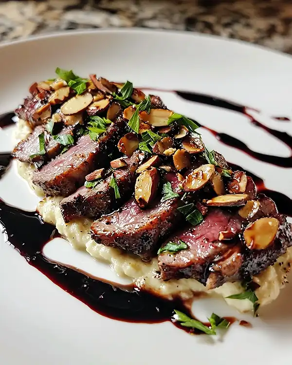 Tataki de Canard Laqué à la Cerise, purée de céleri veloutée et amandes grillées
