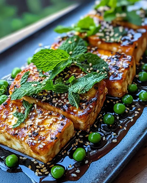 Tataki de Halloumi Laqué Soja-Érable, Purée de Petits Pois à la Menthe & Sésame Grillé Recipe