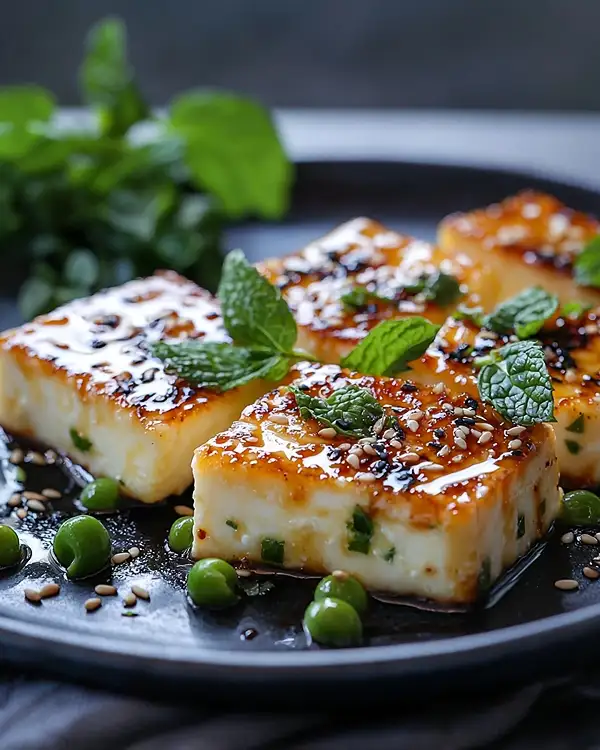 Tataki de Halloumi Laqué Soja-Érable, Purée de Petits Pois à la Menthe & Sésame Grillé