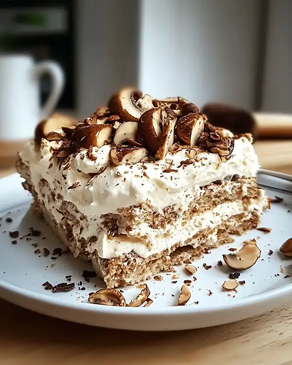 Tiramisu Salé à la Crème de Parmesan avec Champignons des Bois et Pralin de Noisettes