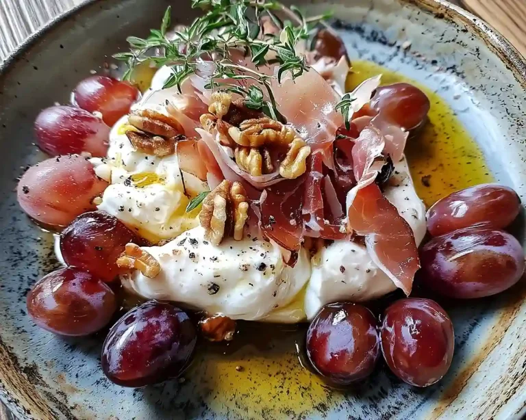 Burrata sur Raisins Rôtis au Thym et Crumble de Prosciutto 7 Burrata sur Raisins Rôtis au Thym et Crumble