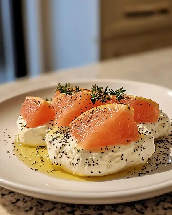 Feta Fouettée au Miel Pimenté et pamplemousse rose rôti au thym