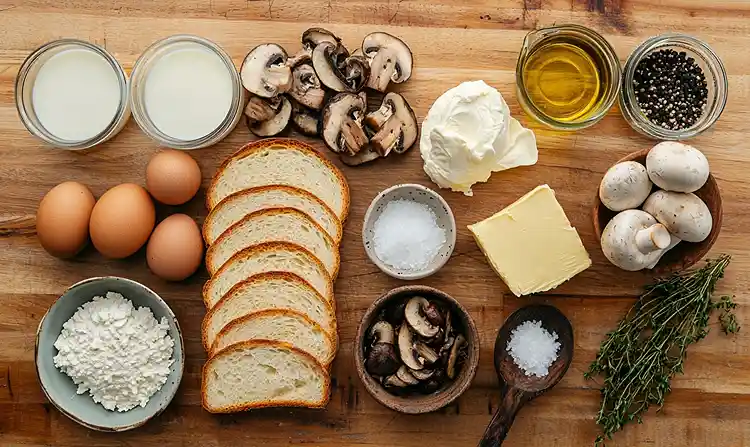 Les ingrédients pour Brioche Perdue Salée croustillante, poêlée de champignons à l'ail noir et burrata fondante