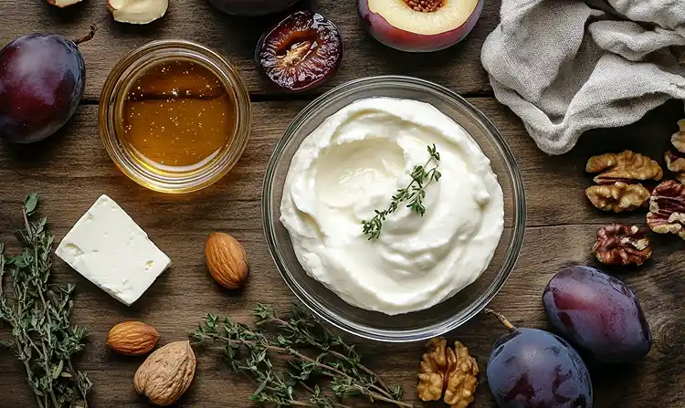 Les ingrédients pour Feta Fouettée, Prunes Rôties au Thym & Miel