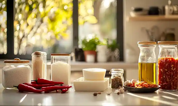 Les ingrédients pour Panna Cotta Salée au Parmesan Coulis de Poivron Rouge Rôti & Éclats de Chorizo Croustillant