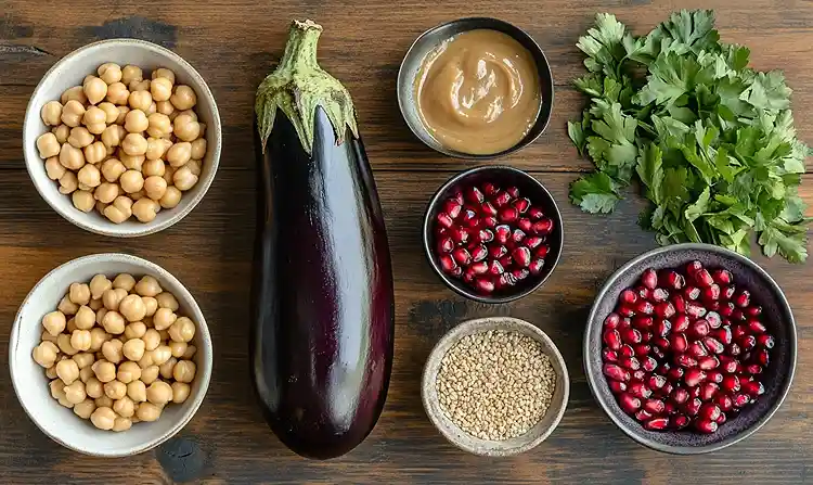 Les ingrédients pour Steak d'Aubergine Laqué Miso-Érable avec purée de pois chiche crémeuse et graines de sésame