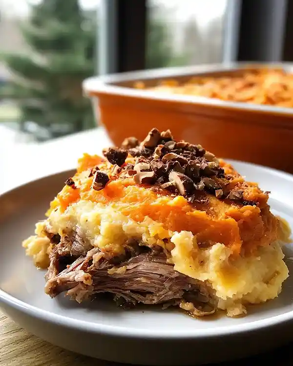 Parmentier de Canard Confit revisité avec purée de patate douce à la fève Tonka et chapelure de noisettes