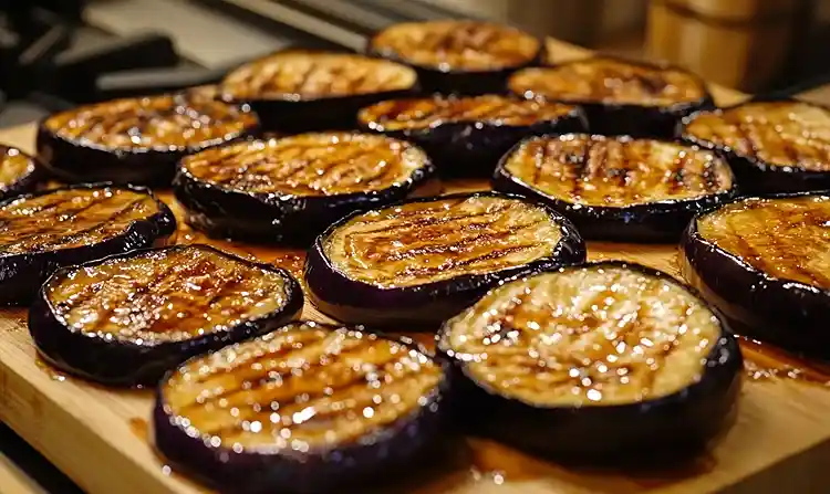 Préparation Steak d'Aubergine Laqué Miso-Érable avec purée de pois chiche crémeuse et graines de sésame