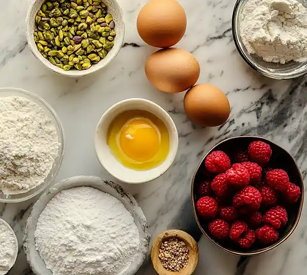 Les ingrédients pour Bûche de Noël Roulée Framboise et Pistache