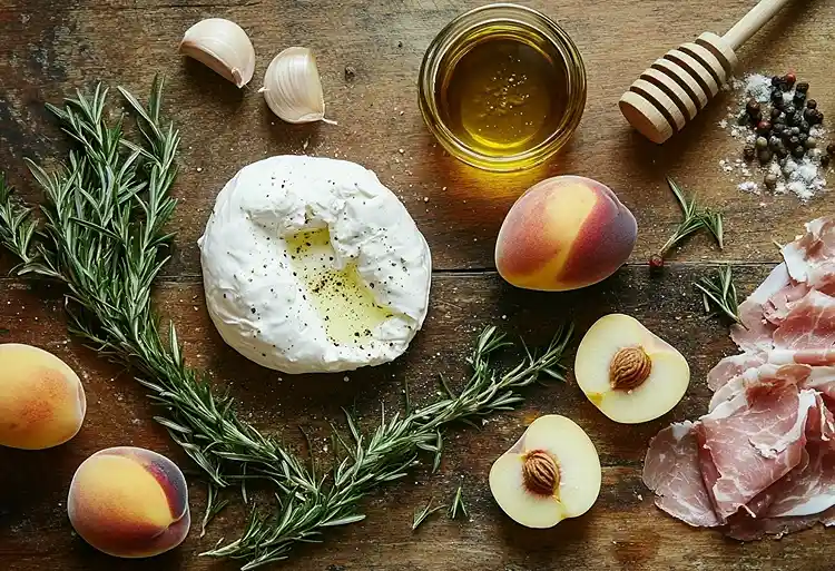 Burrata sur Carpaccio de Pêches Blanches 3 Les ingrédients pour Burrata sur Carpaccio de Pêches Blanches rôties au romarin et miel pimenté