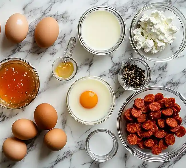 Les ingrédients pour Canelé Salé au Chorizo avec un cœur fondant de chèvre au miel pimenté