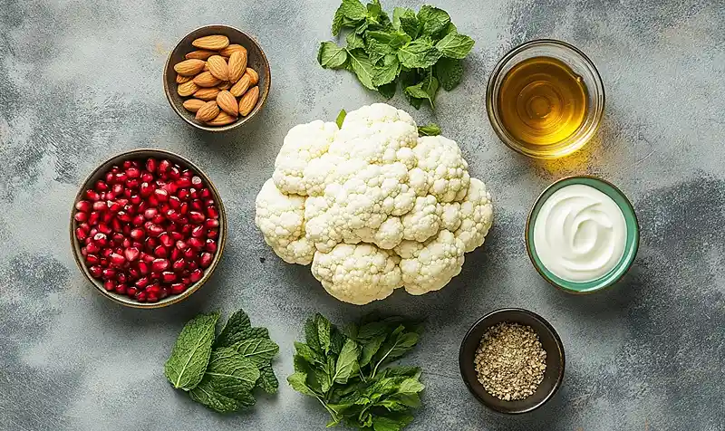 Les ingrédients pour Chou-Fleur Rôti Entier avec laquage harissa-miel caramélisé et sauce yaourt fraîche