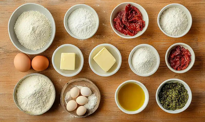 Les ingrédients pour Cookie Salé au Chorizo avec Cœur Coulant de Scamorza et Pesto de Tomates Séchées