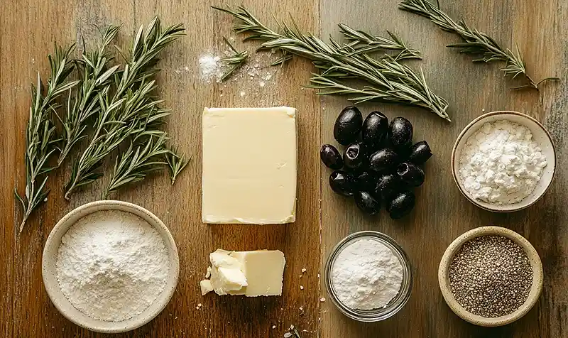 Les ingrédients pour Financier Salé aux Olives Noires, Cœur Feta & Romarin