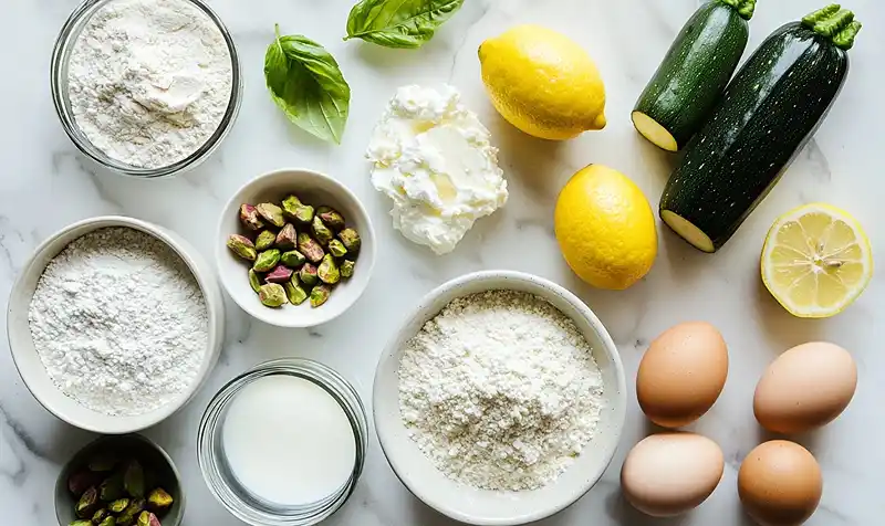 Les ingrédients pour Gaufre de Courgette au Parmesan, Ricotta Fouettée au Citron & Mortadelle à la Pistache