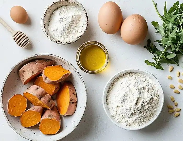 Gaufre de Patate Douce Burrata, Pesto (Roquette ou Noisettes) & Miel Épicé 3 Les ingrédients pour Gaufre de Patate Douce Burrata Crémeuse et Pesto de Roquette