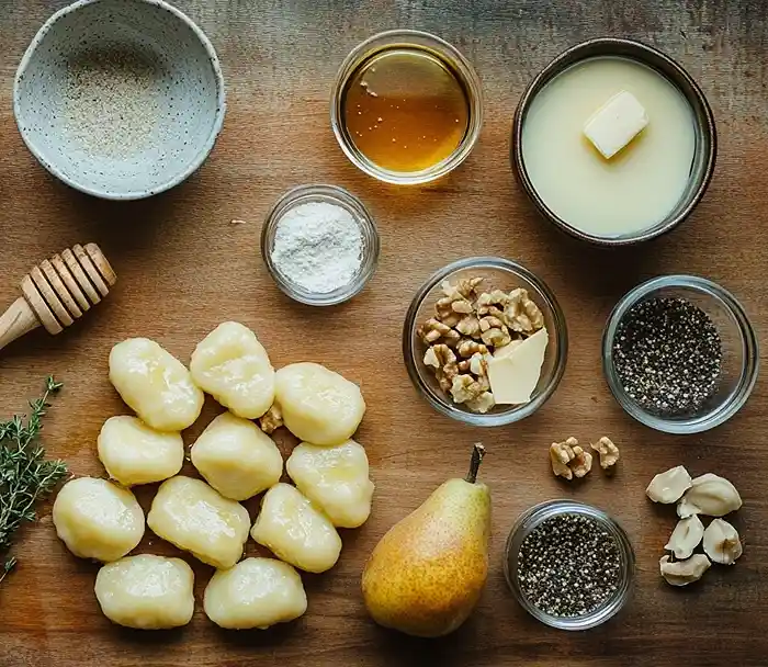 Les ingrédients pour Gnocchis Poêlés, Crème de Gorgonzola, Poires Rôties au Miel & Noix Caramélisées