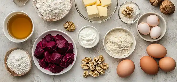 Les ingrédients pour Profiteroles Salées au Chèvre Frais, coulis de betterave au miel et noix