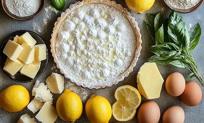 Les ingrédients pour Tarte au Citron Meringuée Salée avec sablé parmesan et crème citron-basilic