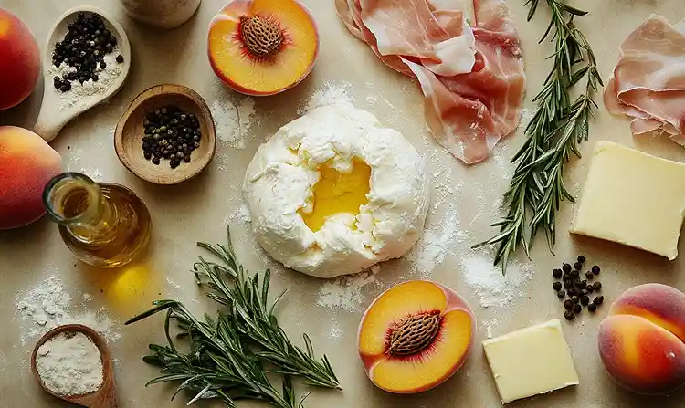 Les ingrérients pour Burrata sur Pêches Rôties au Romarin avec crumble de jambon cru et miel