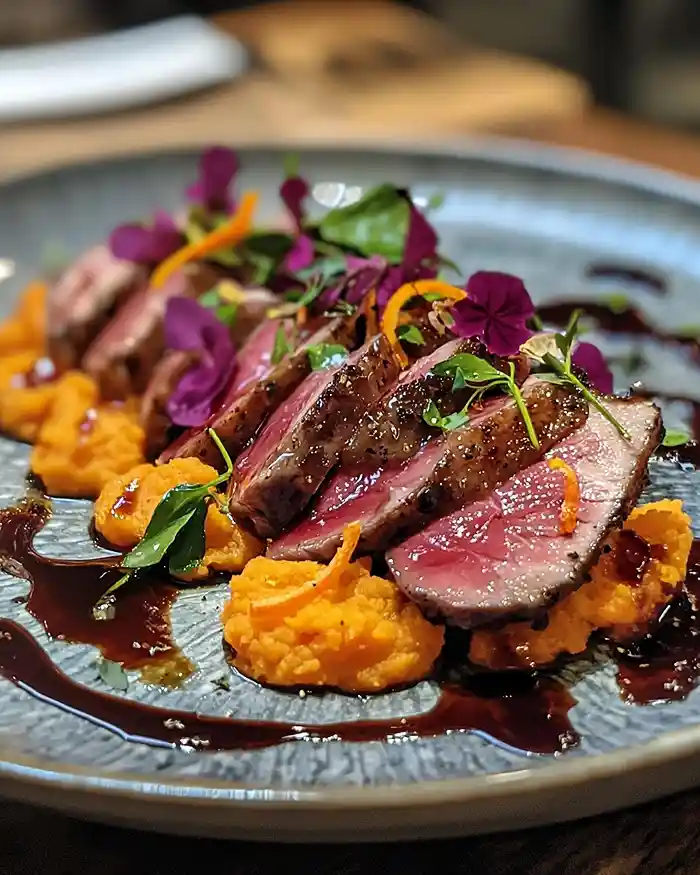 Tataki de Canard Laqué à l’Hibiscus 4 Ma Recette Tataki de Canard Laqué à l’Hibiscus avec purée de patate douce et zestes d'orange