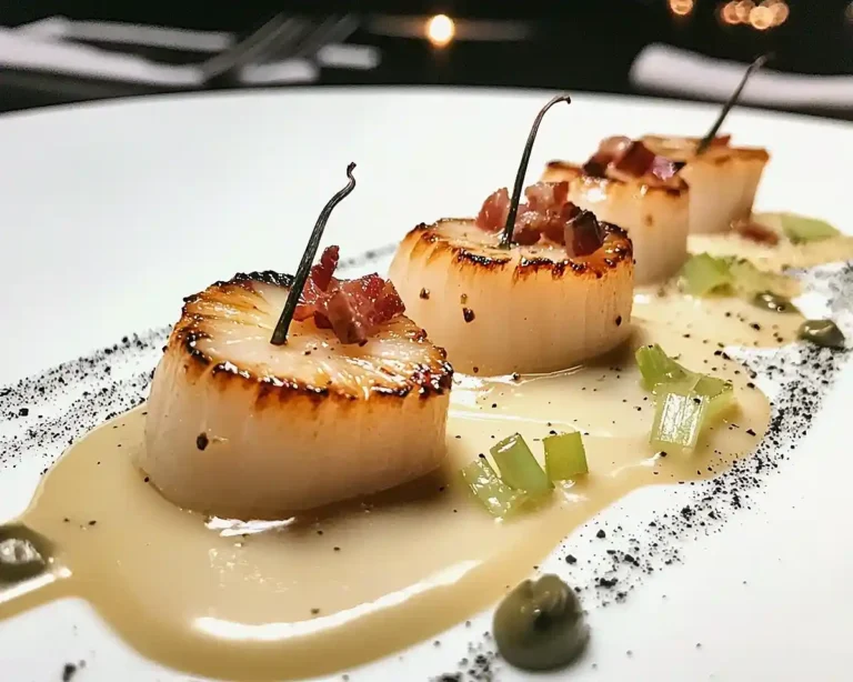 Ravioles Ouvertes de Saint-Jacques & Fondue de Poireaux à la Vanille, Émulsion de Lard Fumé